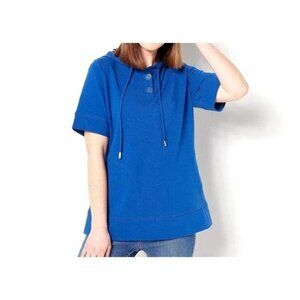Joan Rivers French Terry Short Sleeve Hoodie XXS Bright Blue Cotton Blend NEW